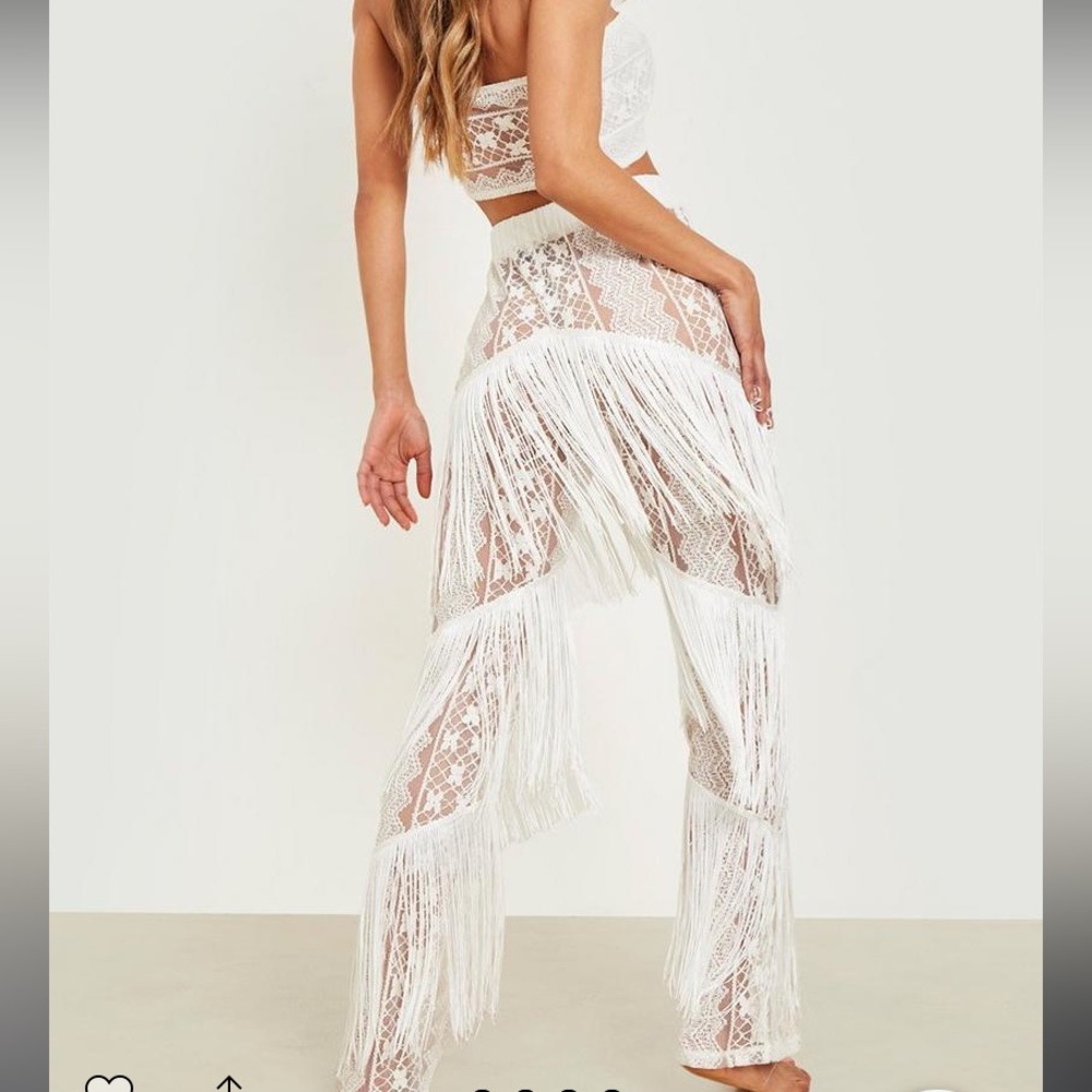 NWT BOOHOO white fringe swimsuit cover up co ord set beachwear - size medium